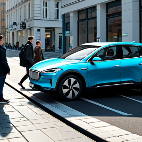 "A modern electric car charging station in a bustling city center, several fully clothed people walking by, appropriate content, safe for work, daytime, well-lit, professional photograph, perfect anatomy, natural proportions, high quality."
