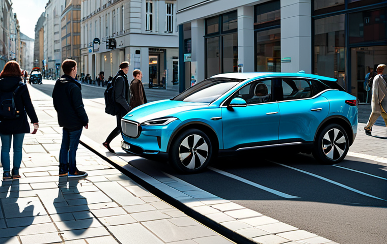 "A modern electric car charging station in a bustling city center, several fully clothed people walking by, appropriate content, safe for work, daytime, well-lit, professional photograph, perfect anatomy, natural proportions, high quality."