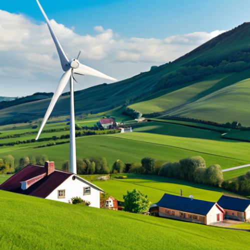 **Image Prompt:** "A rural community using a small wind turbine to power homes and a school, showcasing improved living standards, fully clothed, modest attire, daytime, rolling hills background, safe for work, appropriate content, perfect anatomy, natural proportions, family-friendly."