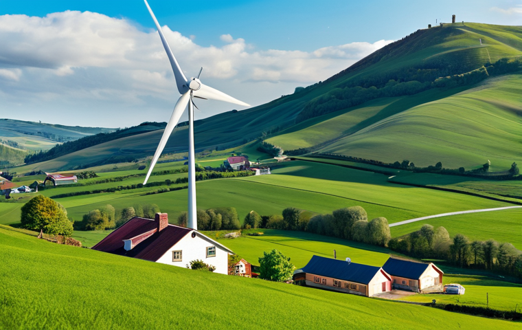 **Image Prompt:** "A rural community using a small wind turbine to power homes and a school, showcasing improved living standards, fully clothed, modest attire, daytime, rolling hills background, safe for work, appropriate content, perfect anatomy, natural proportions, family-friendly."
