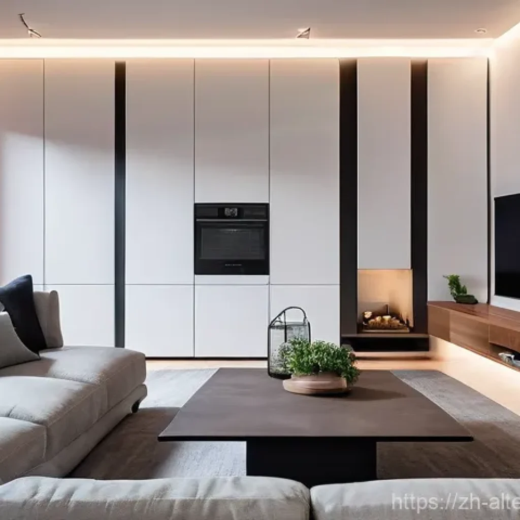 에너지 절감 스마트 가전 - **Prompt:** A cozy and modern living room at dusk, bathed in warm, soft, adjustable LED lighting. A ...