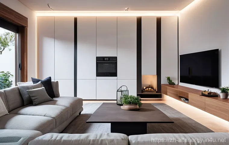 에너지 절감 스마트 가전 - **Prompt:** A cozy and modern living room at dusk, bathed in warm, soft, adjustable LED lighting. A ...