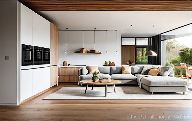 에너지 효율성 개선 - **A modern and inviting open-plan living room and kitchen, bathed in soft, natural light streaming t...