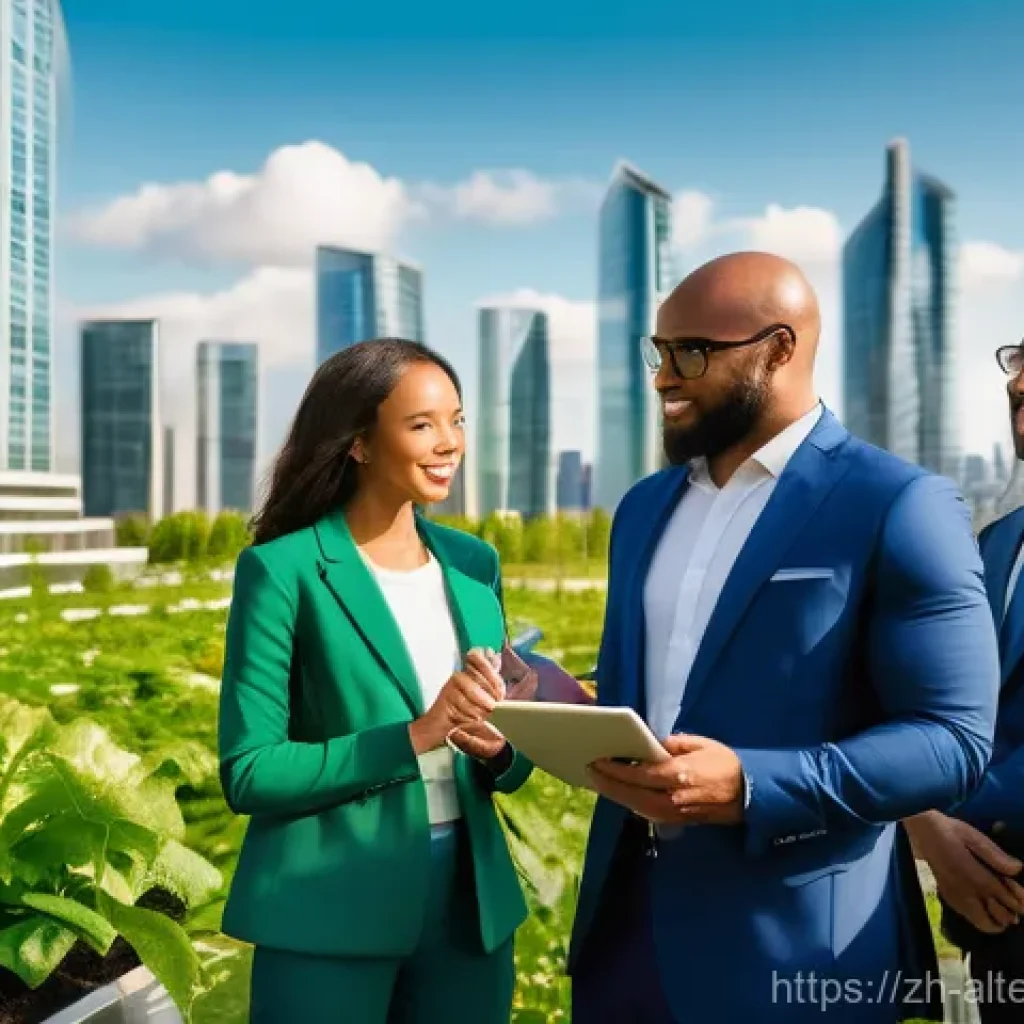 대체에너지 기술 벤처 투자 - **Prompt 1: "Green Investment Horizon"**
    A wide shot of a diverse group of modern business profe...