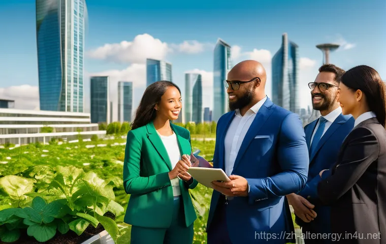 대체에너지 기술 벤처 투자 - **Prompt 1: "Green Investment Horizon"**
    A wide shot of a diverse group of modern business profe...