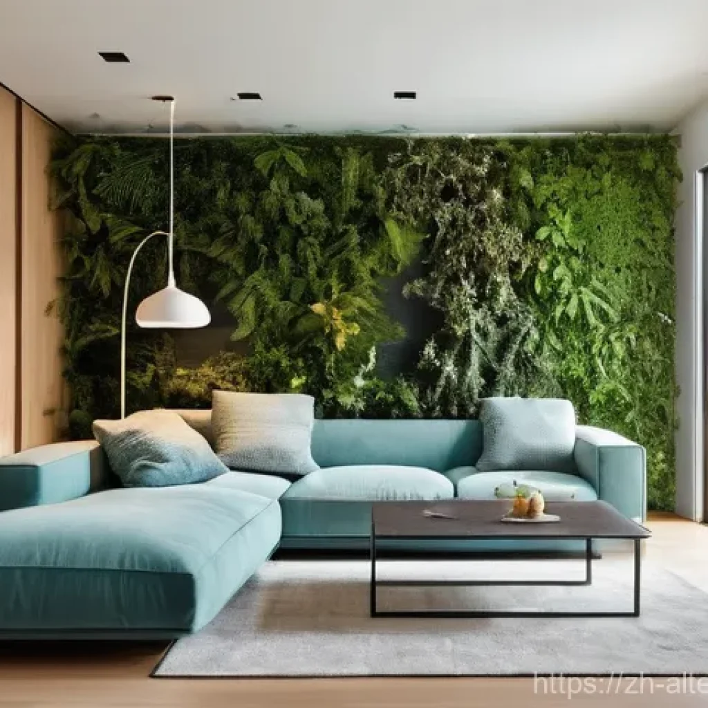 환경 친화적인 건축 자재 - **"Breathing Walls" in a Modern Living Space:**
    A bright, minimalist living room in a contempora...
