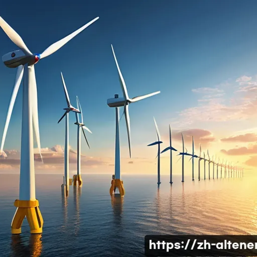 대체에너지 관련 특허 - A futuristic offshore wind farm at sunset, featuring massive high-capacity wind turbine blades desig...