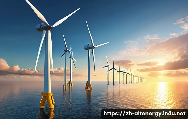 대체에너지 관련 특허 - A futuristic offshore wind farm at sunset, featuring massive high-capacity wind turbine blades desig...