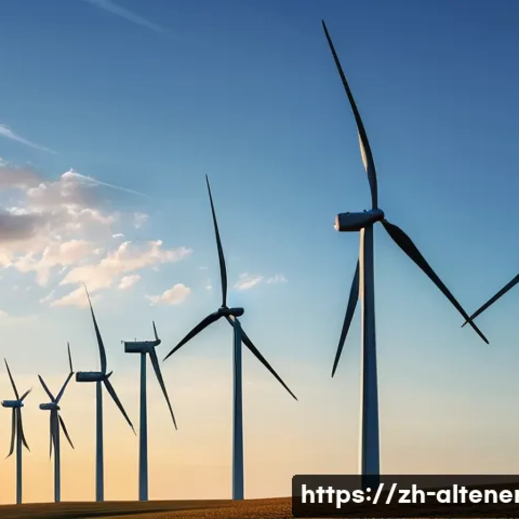 대체에너지의 글로벌 동향 - A cutting-edge smart wind farm at sunset, featuring large wind turbines equipped with IoT sensors an...