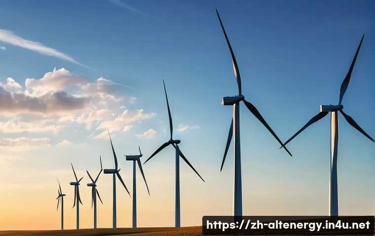 대체에너지의 글로벌 동향 - A cutting-edge smart wind farm at sunset, featuring large wind turbines equipped with IoT sensors an...