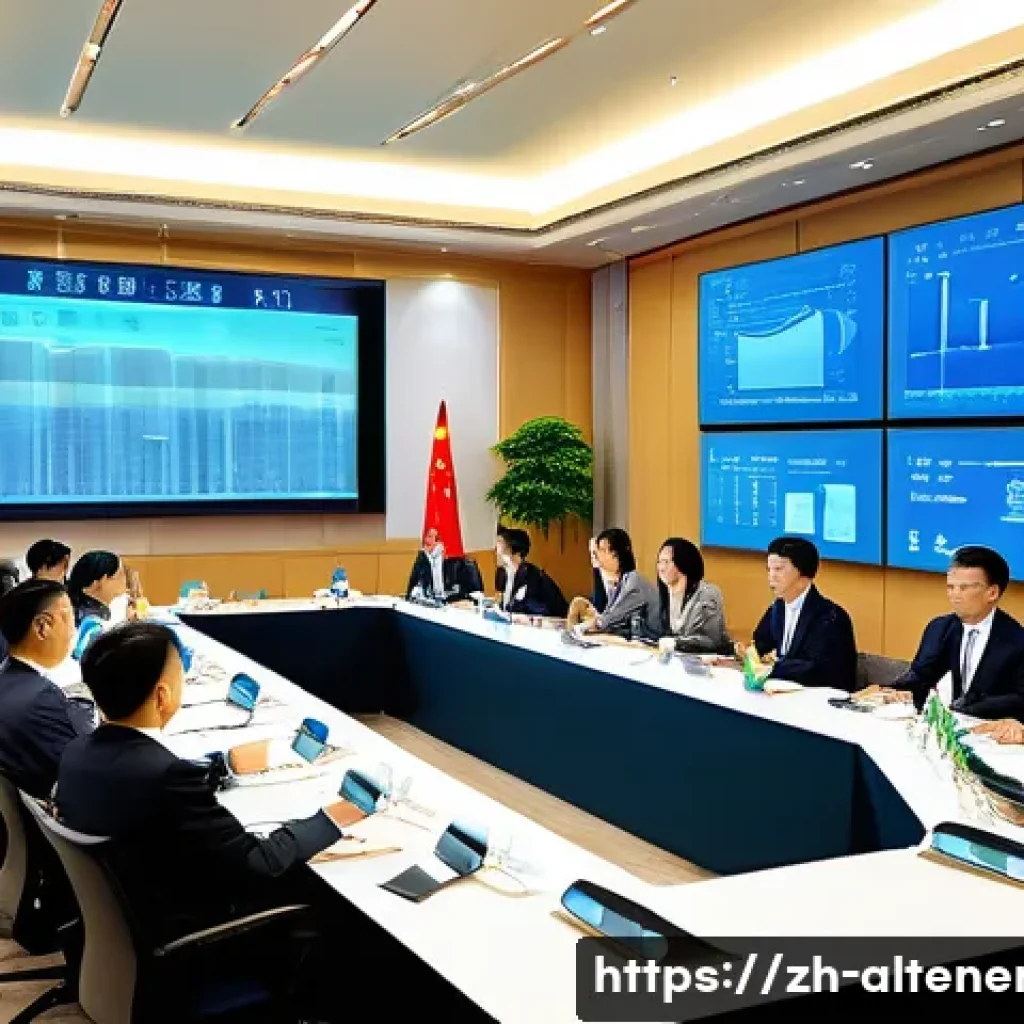 대체에너지 법규 - A modern renewable energy policy meeting scene set in a sleek government conference room in China, f...
