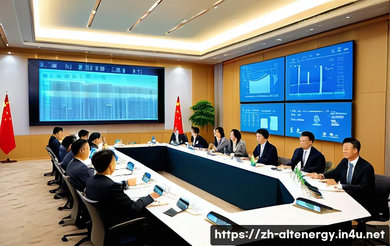 대체에너지 법규 - A modern renewable energy policy meeting scene set in a sleek government conference room in China, f...