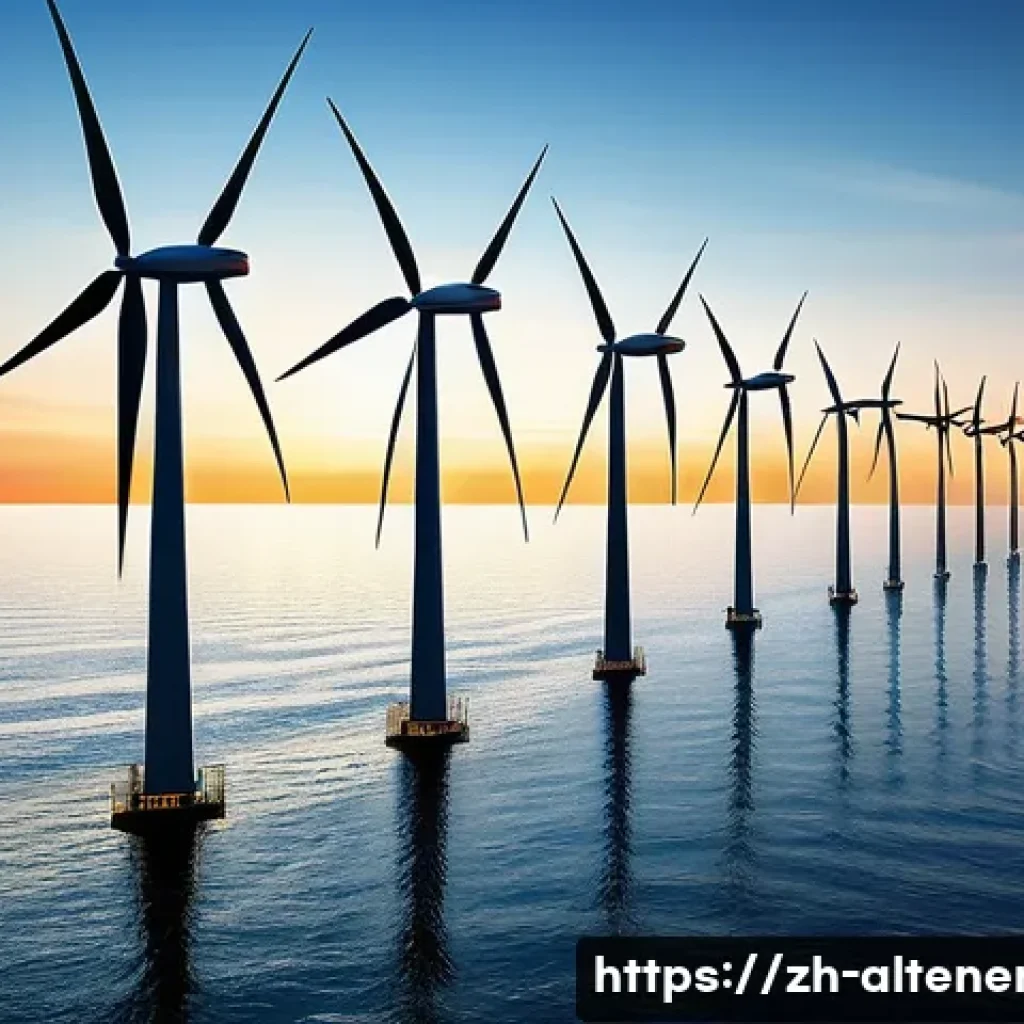 풍력 발전 기계 - A modern offshore wind farm scene at sunset, featuring towering wind turbines with ultra-long, sleek...