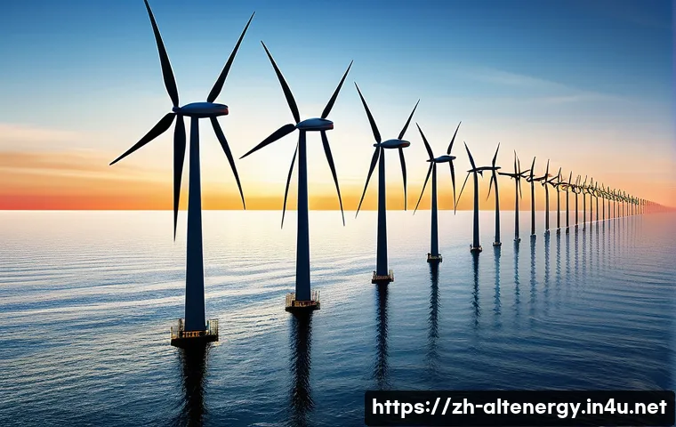풍력 발전 기계 - A modern offshore wind farm scene at sunset, featuring towering wind turbines with ultra-long, sleek...
