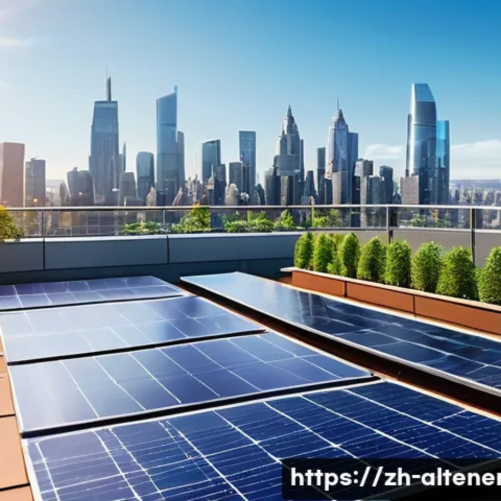 대체에너지 투자 - A futuristic urban rooftop scene featuring advanced perovskite solar panels with high-efficiency pho...