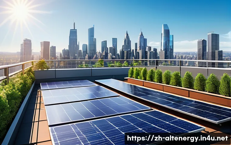 대체에너지 투자 - A futuristic urban rooftop scene featuring advanced perovskite solar panels with high-efficiency pho...