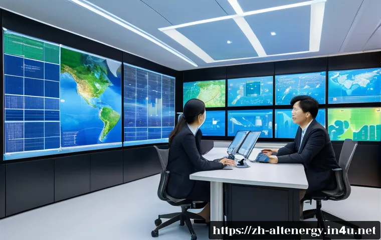 스마트 그리드 발전 - A futuristic smart grid control room filled with holographic displays and interactive digital maps s...