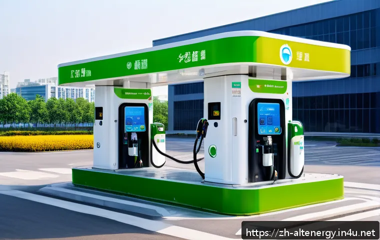 수소 충전소 설치 - A futuristic hydrogen refueling station located at a busy urban traffic hub, featuring multiple high...