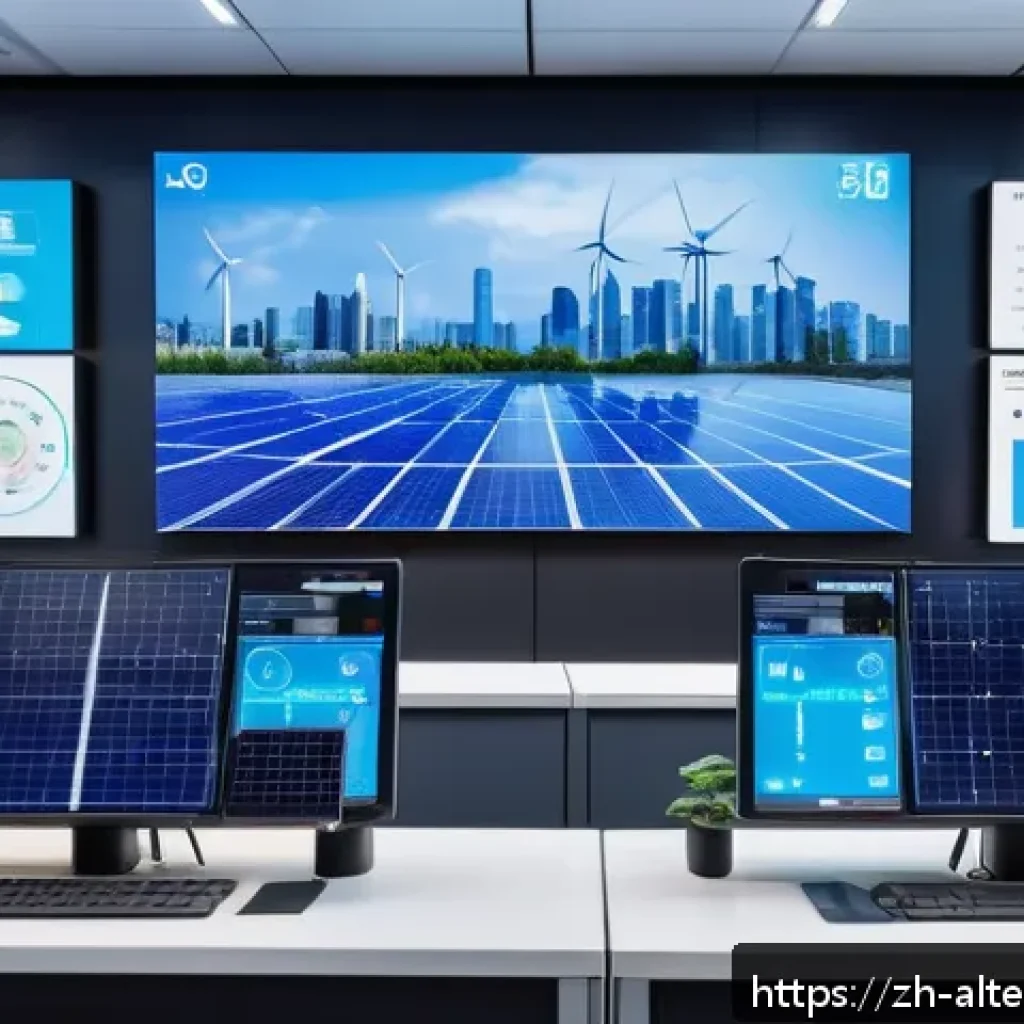 대체에너지 혁신 사례 - A futuristic smart grid control center with large digital screens displaying real-time energy data, ...