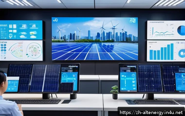 대체에너지 혁신 사례 - A futuristic smart grid control center with large digital screens displaying real-time energy data, ...