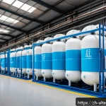 수소 에너지 저장 기술 - A futuristic hydrogen storage facility showcasing advanced high-pressure gaseous hydrogen tanks made...