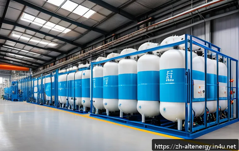 수소 에너지 저장 기술 - A futuristic hydrogen storage facility showcasing advanced high-pressure gaseous hydrogen tanks made...