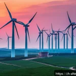 풍력 에너지 비용 - A modern wind farm at sunrise along a coastal area in China, featuring multiple large-scale wind tur...