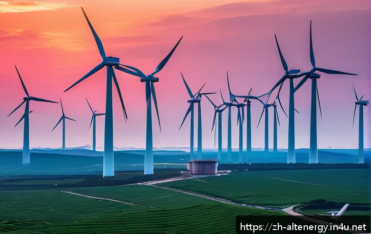 풍력 에너지 비용 - A modern wind farm at sunrise along a coastal area in China, featuring multiple large-scale wind tur...