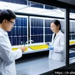 대체에너지 연구소 - A futuristic solar energy laboratory showcasing advanced perovskite solar cells with a glowing cryst...