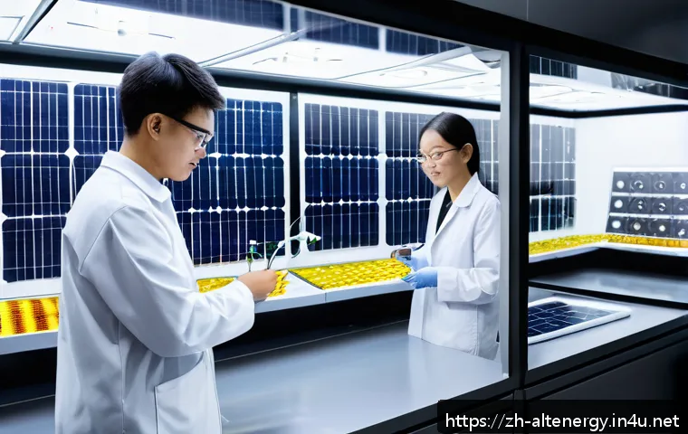 대체에너지 연구소 - A futuristic solar energy laboratory showcasing advanced perovskite solar cells with a glowing cryst...