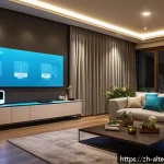 에너지 절약 생활 습관 - A modern Chinese family living room at night, featuring smart energy-saving appliances such as an en...