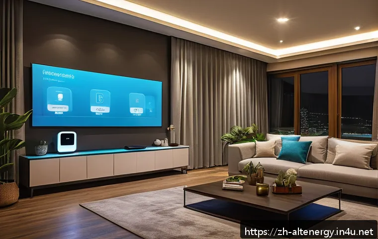 에너지 절약 생활 습관 - A modern Chinese family living room at night, featuring smart energy-saving appliances such as an en...