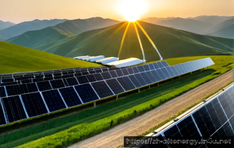 대체에너지 시장 성장 전망 - Photorealistic wide-angle sunrise view of a modern renewable energy landscape, rows of gleaming sola...