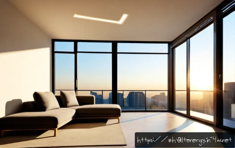 에너지 절약 기술 - Photorealistic modern apartment living room at golden morning, rooftop solar panels visible through ...