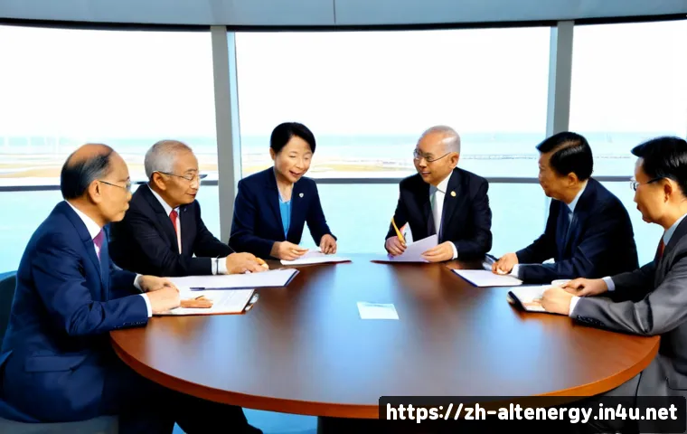 대체에너지 국제 정책 협약 - Photorealistic international renewable energy policy summit, diverse senior diplomats and energy exp...